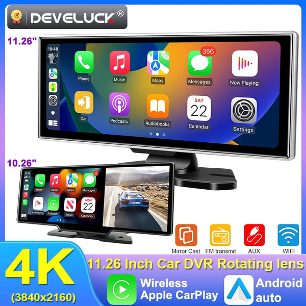 10/11.26" 4K Dash Cam with Wireless CarPlay & Android Auto – Dual Lens GPS Video Recorder with WiFi & FM AUX