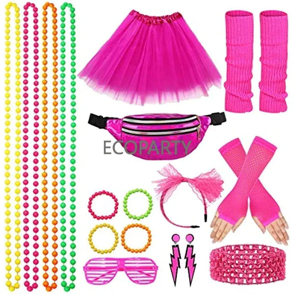 Women's 80s Retro Party Dress Accessory Set - Fishnet Gloves, Leg Warmers, Tutu Skirts (19pcs)