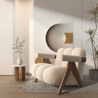 Nordic Wooden Armchair – Cozy Fabric Seat for Living Room, Balcony & Lounge