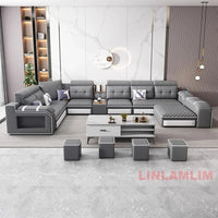 MINGDIBAO Modern U-Shaped Fabric Sectional Sofa with Speaker, Adjustable Headrests,USB Charging - Comfortable Quilted Upholstery