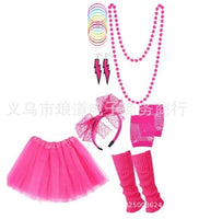 80s Fancy Dress Accessories Retro Women Party Costume Set Adult Tutu Skirt Neon Fishnet Gloves Beaded Necklace Bracelet Earrings
