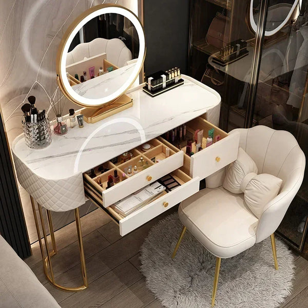 Luxury LED Makeup Vanity – White Dressing Table with Mirror & Storage for Bedroom or Salon