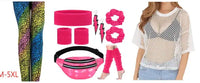 80's Women Retro Costume Set Women's 80s Leggings Fishnet Neon Shirt with Leg Warmers Gloves Necklace Bracelets Headband