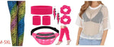 80's Women Retro Costume Set Women's 80s Leggings Fishnet Neon Shirt with Leg Warmers Gloves Necklace Bracelets Headband