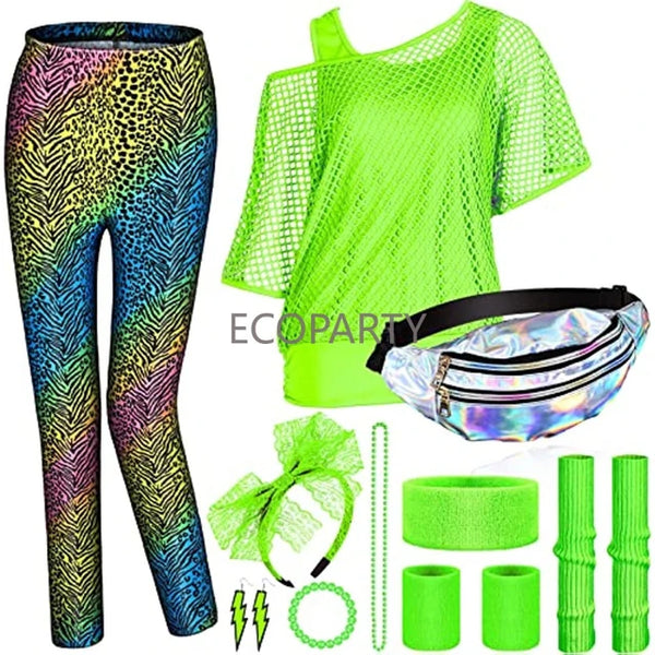 Women's 80s Retro Costume Set - Leggings, Neon Shirt, Leg Warmers, Gloves, Accessories