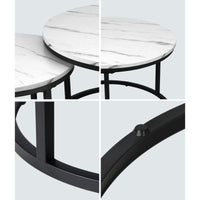 Oikiture Set of 2 Coffee Table Round Marble Nesting Side End Table Furniture