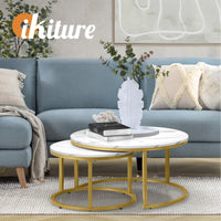 Oikiture Set of 2 Coffee Table Round Marble Nesting Side End Table Furniture