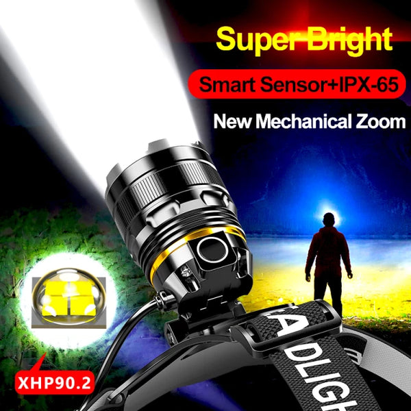 1000000LM LED Headlamp Sensor XHP90.2 Headlight with Built-in Battery Flashlight USB Rechargeable Head Lamp Torch Jack's Clearance