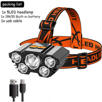 USB Rechargeable Built-in Battery 5 Led Strong Headlight Super Bright Head-Mounted Flashlight Outdoor Night Fishing Jack's Clearance