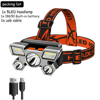 USB Rechargeable Built-in Battery 5 Led Strong Headlight Super Bright Head-Mounted Flashlight Outdoor Night Fishing Jack's Clearance