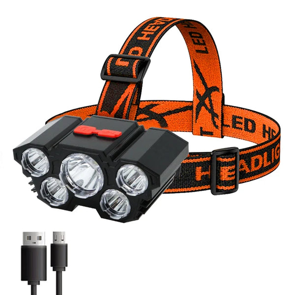 USB Rechargeable Built-in Battery 5 Led Strong Headlight Super Bright Head-Mounted Flashlight Outdoor Night Fishing Jack's Clearance