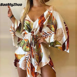 2022 New Summer Beach Elegant Women Dresses Sexy V Neck Lace-up Floral Print Mini Dress Casual Flared Sleeves Ladies Party Dress Jack's Clearance