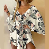 2022 New Summer Beach Elegant Women Dresses Sexy V Neck Lace-up Floral Print Mini Dress Casual Flared Sleeves Ladies Party Dress Jack's Clearance