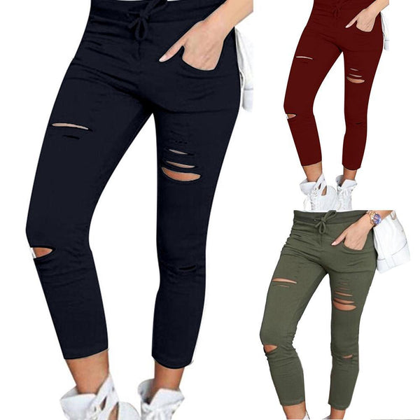 Drawstring High Waist Ripped Leggings Jack's Clearance