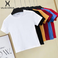 Crop Top Solid Cotton O-Neck Short Sleeve Women's T-Shirt Jack's Clearance