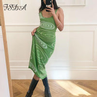 FSDA 2021 Bodycon Dress Women Green Sleeveless Spaghetti Strap Beach Midi Dresses Jack's Clearance