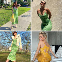 FSDA 2021 Bodycon Dress Women Green Sleeveless Spaghetti Strap Beach Midi Dresses Jack's Clearance